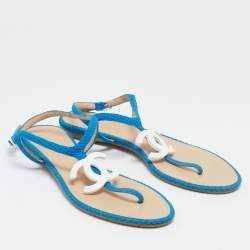 Chanel Blue Fabric CC Logo Thong Flats Size 39