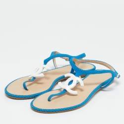 Chanel Blue Fabric CC Logo Thong Flats Size 39