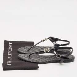 Chanel Black Patent and Leather CC Pearl Embellished Flat Thong Sandals Size 38