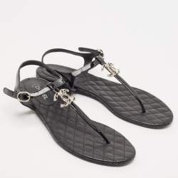 Chanel Black Patent and Leather CC Pearl Embellished Flat Thong Sandals Size 38
