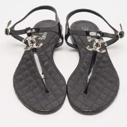 Chanel Black Patent and Leather CC Pearl Embellished Flat Thong Sandals Size 38