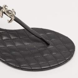 Chanel Black Patent and Leather CC Pearl Embellished Flat Thong Sandals Size 38