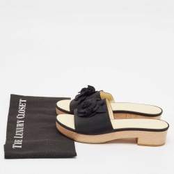 Chanel Black Canvas Camelia CC Slides Sandals Size 38