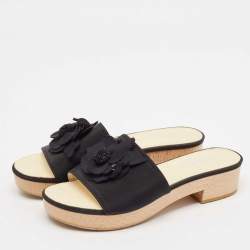 Chanel Black Canvas Camelia CC Slides Sandals Size 38