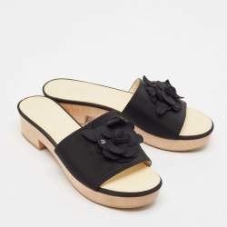 Chanel Black Canvas Camelia CC Slides Sandals Size 38