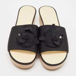Chanel Black Canvas Camelia CC Slides Sandals Size 38