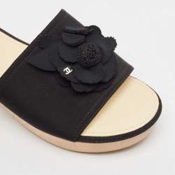 Chanel Black Canvas Camelia CC Slides Sandals Size 38
