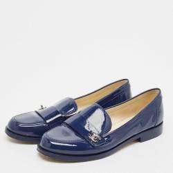 Chanel Blue Patent Leather CC Logo Slip On Loafers Size 38