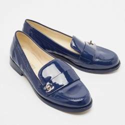 Chanel Blue Patent Leather CC Logo Slip On Loafers Size 38