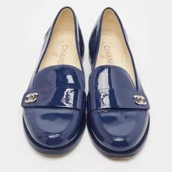 Chanel Blue Patent Leather CC Logo Slip On Loafers Size 38