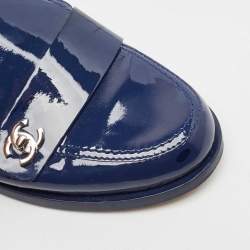 Chanel Blue Patent Leather CC Logo Slip On Loafers Size 38