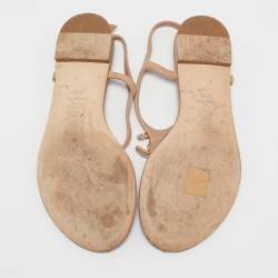 Pre Owned Chanel Brown Leather CC Thong Slingback Flat Sandals Size 37.5