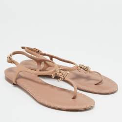 Pre Owned Chanel Brown Leather CC Thong Slingback Flat Sandals Size 37.5