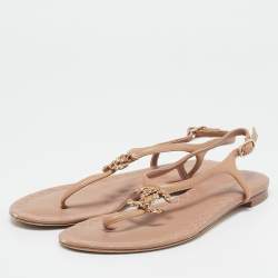 Pre Owned Chanel Brown Leather CC Thong Slingback Flat Sandals Size 37.5