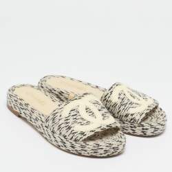 Pre Owned Chanel Two Tone Rope and Patent CC Slides Size 38