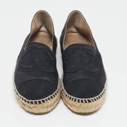 Pre Owned Chanel Black Satin CC Cap Toe Espadrille Flats Size 41