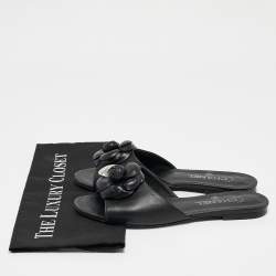 Pre Owned Chanel Black Leather Embellished CC Flat Slides Size 39.5