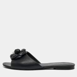 Pre Owned Chanel Black Leather Embellished CC Flat Slides Size 39.5