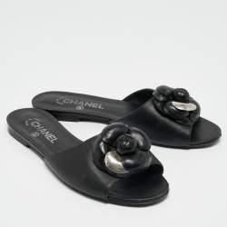 Pre Owned Chanel Black Leather Embellished CC Flat Slides Size 39.5