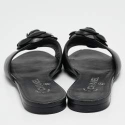 Pre Owned Chanel Black Leather Embellished CC Flat Slides Size 39.5