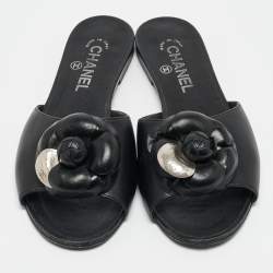 Pre Owned Chanel Black Leather Embellished CC Flat Slides Size 39.5