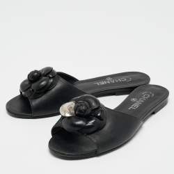 Pre Owned Chanel Black Leather Embellished CC Flat Slides Size 39.5