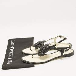 Chanel Black Leather CC Camelia Thong Flat Sandals Size 39