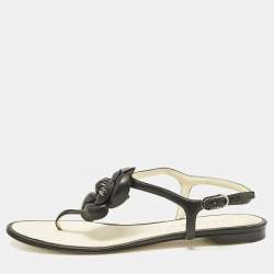 Chanel Black Leather CC Camelia Thong Flat Sandals Size 39