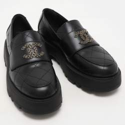 Chanel Black Leather CC Chain Details Moccasins Size 36