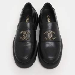 Chanel Black Leather CC Chain Details Moccasins Size 36