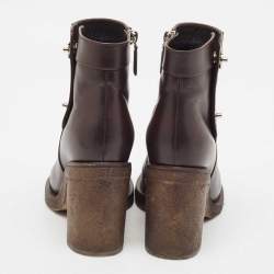 Chanel Dark Brown Leather CC Turn-Lock Block Heel Ankle Boots Size 36