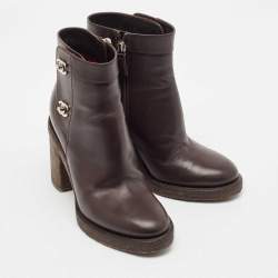 Chanel Dark Brown Leather CC Turn-Lock Block Heel Ankle Boots Size 36