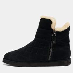 Chanel Black Suede and Shearling Ankle Boots Size 38
