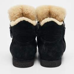 Chanel Black Suede and Shearling Ankle Boots Size 38
