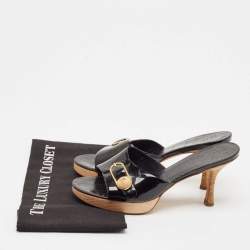 Chanel Vintage Black Patent Leather CC Wooden Platform Clogs Size 39