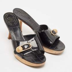 Chanel Vintage Black Patent Leather CC Wooden Platform Clogs Size 39