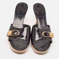 Chanel Vintage Black Patent Leather CC Wooden Platform Clogs Size 39