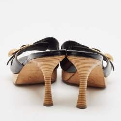 Chanel Vintage Black Patent Leather CC Wooden Platform Clogs Size 39