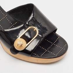 Chanel Vintage Black Patent Leather CC Wooden Platform Clogs Size 39