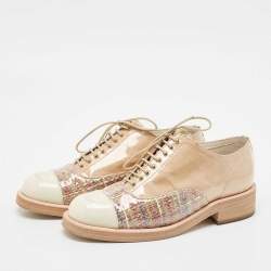 Chanel Beige/Cream Tweed and Patent Leather CC Lace Up Oxfords Size 39