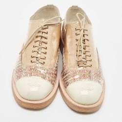 Chanel Beige/Cream Tweed and Patent Leather CC Lace Up Oxfords Size 39