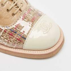 Chanel Beige/Cream Tweed and Patent Leather CC Lace Up Oxfords Size 39
