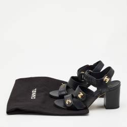 Pre Owned Chanel Black Leather CC Turnlock Block Heel Ankle Strap Sandals Size 37
