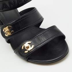 Pre Owned Chanel Black Leather CC Turnlock Block Heel Ankle Strap Sandals Size 37