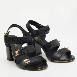 Pre Owned Chanel Black Leather CC Turnlock Block Heel Ankle Strap Sandals Size 37