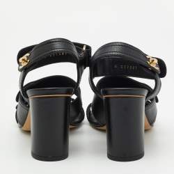 Pre Owned Chanel Black Leather CC Turnlock Block Heel Ankle Strap Sandals Size 37