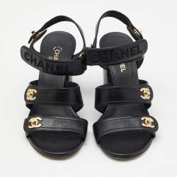 Pre Owned Chanel Black Leather CC Turnlock Block Heel Ankle Strap Sandals Size 37