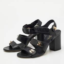 Pre Owned Chanel Black Leather CC Turnlock Block Heel Ankle Strap Sandals Size 37