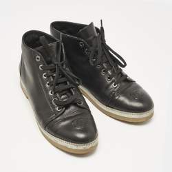 Chanel Black Leather CC Derby Ankle Boots Size 38.5