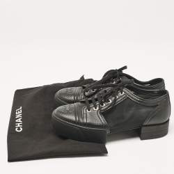 Pre Owned Chanel Black Leather and Mesh Platform Low Top Sneakers Size 38